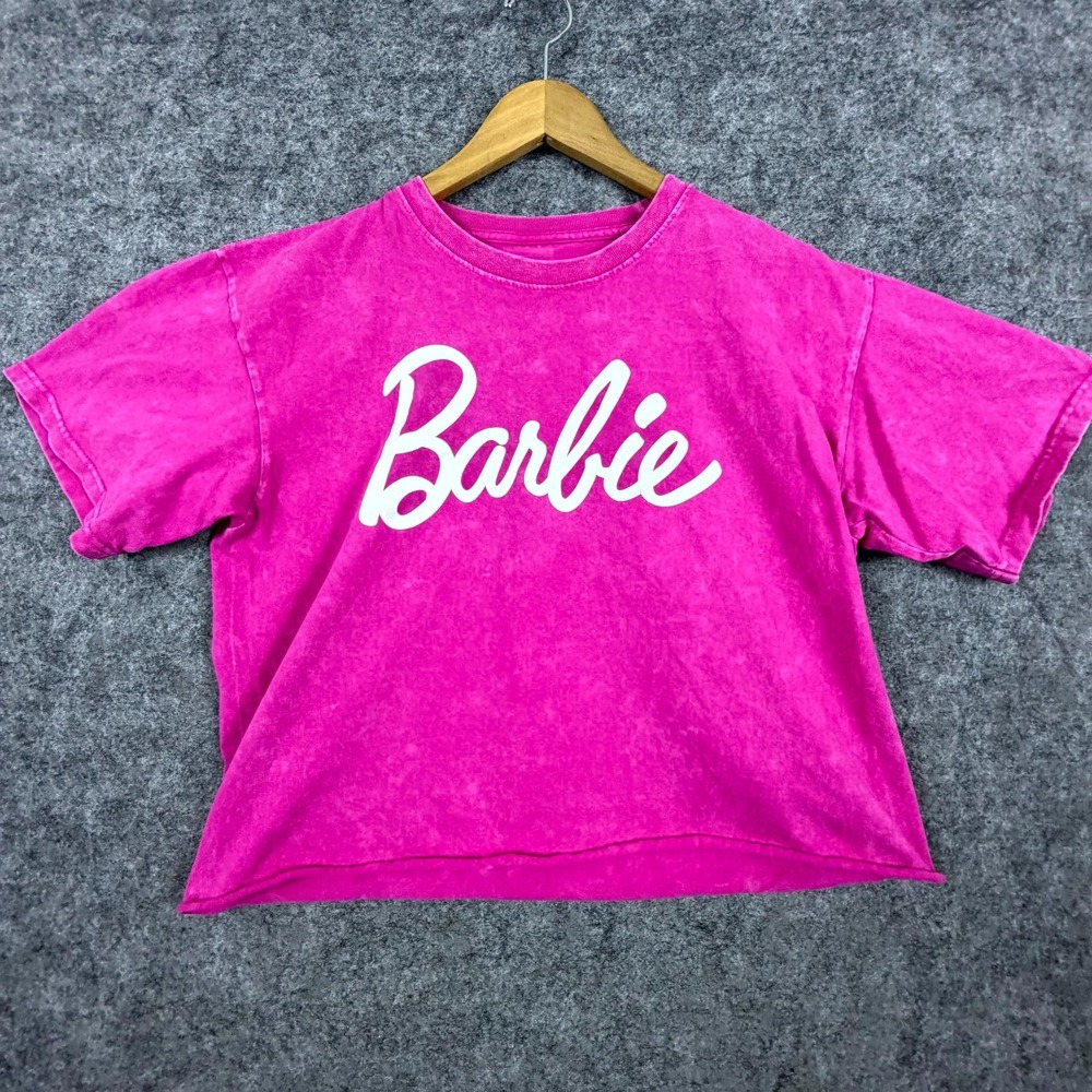 Barbie T-Shirt Women Large Pink Logo Crop Raw Hem Acid Wash Cotton Tee